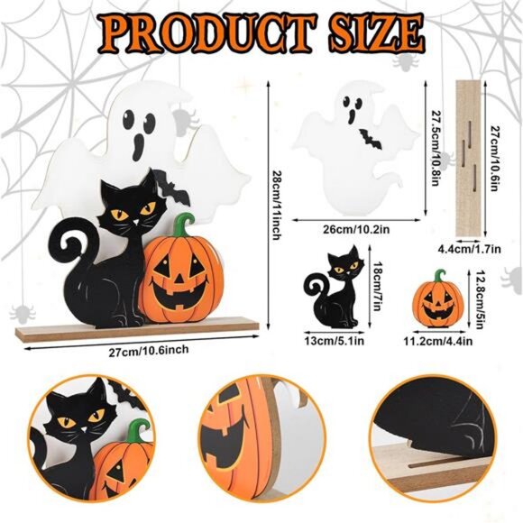 Farmhouse Halloween Decorations - Wooden Ghost & Black Cat Table Signs - Picture 3 of 8